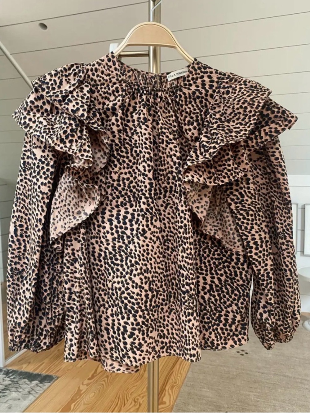 Ulla Johnson Pink and Black Leopard Ruffle Blouse